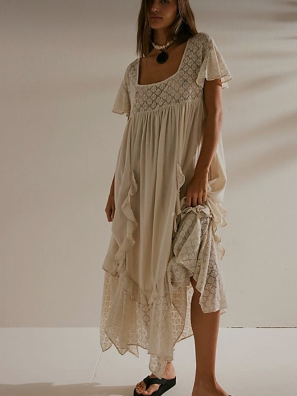 Free People Free-est Neutral Tone Lace Top Cascading Ruffle Flutter Sleeve Midi